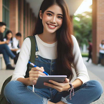 female college student with brown hair and brown eyes sitting and smiling