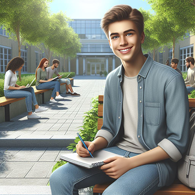 male college student with brown hair sitting and smiling